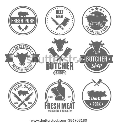 Butcher shop, premium quality meat, beef and pork set of vector monochrome vintage labels, badges, emblems and logos isolated on white background