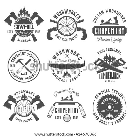 Set of carpentry, woodworkers, lumberjack, sawmill service monochrome vector labels, emblems and logos isolated on white background