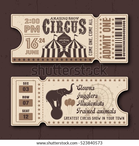 Circus show horizontal tickets front and back side vector templates in vintage style with sample text on dark textured background