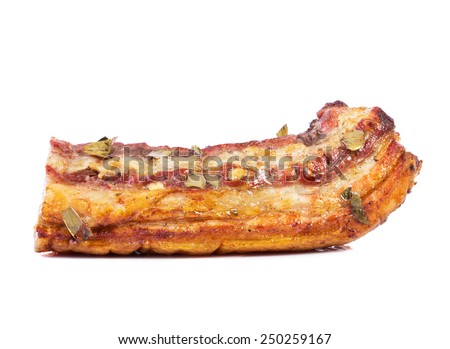 Baked bacon with layers of meat isolated on white background