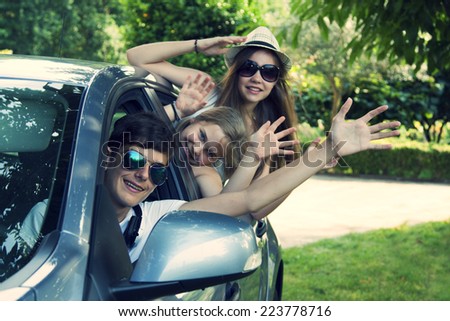 happy people traveling by car, vintage effect