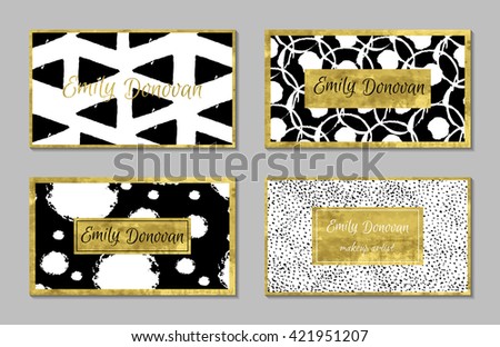 Set of 4 golden business card template or gift cards.  Texture of gold foil. Luxury vector illustration.Easy editable template. Space for  text. Triangles, confetti, dots, circles.