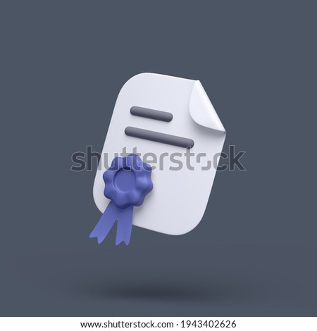 3d simple certificate or diploma icon with blue stamp and bent corner on grey pastel background. Hight quality 3d illustration or render.