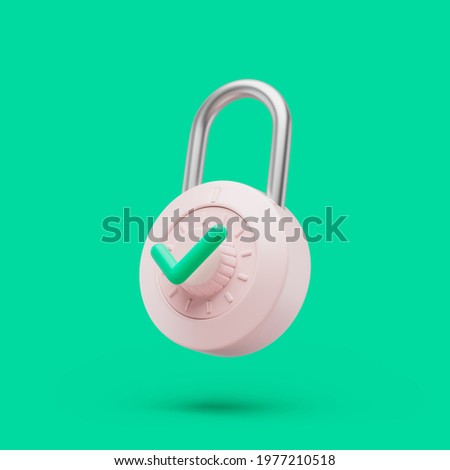 Padlock locked icon with green check simbol simple 3d render illustration on green background with soft shadows