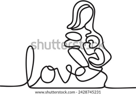 One Line continuous drawing of text love and a Mother holding a baby