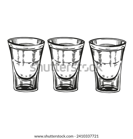 set of vector shot glasses for alcoholic drinks such as vodka and tequila, hand drawn sketch of shot glasses for strong alcohol, black and white inked illustration isolated on white background