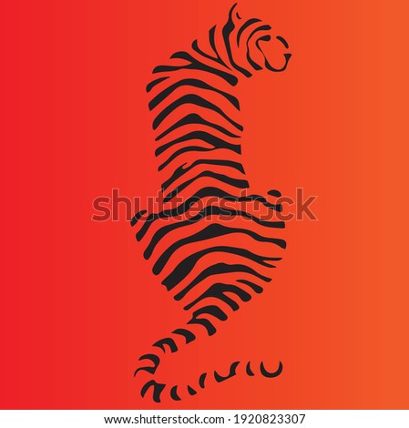 Tiger tattoo, black and white vector illustration - sitting tiger isolated from back in orange background