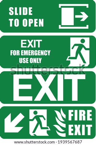 VECTOR. Set of safety signs. Exit sign. Emergency fire exit door and exit door. The icons with a white sign on a green Public information label. Illustration.