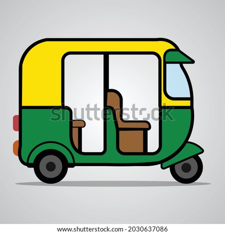 yellow green tuk tuk trishaw vector illustrtion. Indian public transport on the streets of new Delhi. Tricycle vintage retro motorcycle