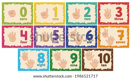 Kids Learning Numbers Flashcards. Finger counting. Zero to Ten. Vector illustration. Foto stock © 