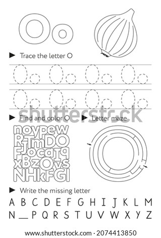 Handwriting workbook for children. Worksheets for learning letters. Activity book for kids. Black and white educational pages for preschool. Letter O. Foto stock © 