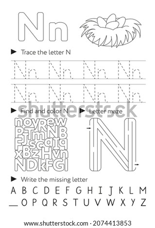 Handwriting workbook for children. Worksheets for learning letters. Activity book for kids. Black and white educational pages for preschool. Letter N. Foto stock © 