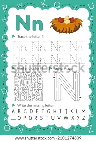 Handwriting workbook for children. Worksheets for learning letters. Activity book for kids. Educational pages for preschool. Letter N Foto stock © 