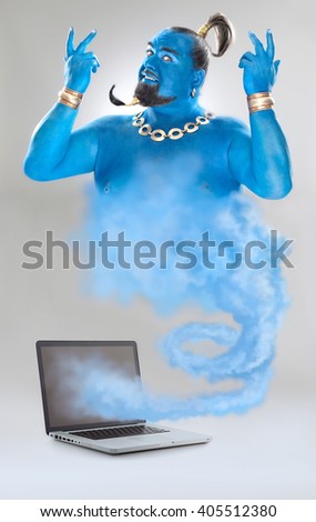 genie of the lamp with smoke from laptop isolated on grey Stok fotoğraf © 
