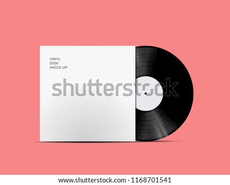 LP Record Vinyl Disc Cover with Vinyl disc inside. Realistic vector mock up. Vector Illustration.
