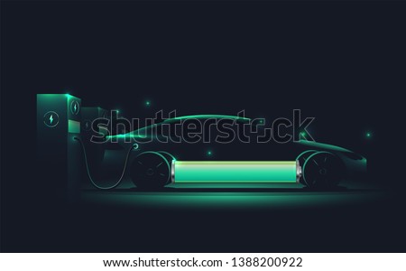 Electric car charging at charge station. Electromobility e-motion concept. Electro car silhouette. Realistic vector illustration.