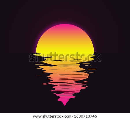 Retro vintage styled bright sunset with reflection on the water sea or ocean vector eps 10 illustration. 