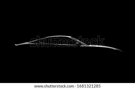 Realistic side view sport car coupe silhouette isolated on black background. Vector illustration.
