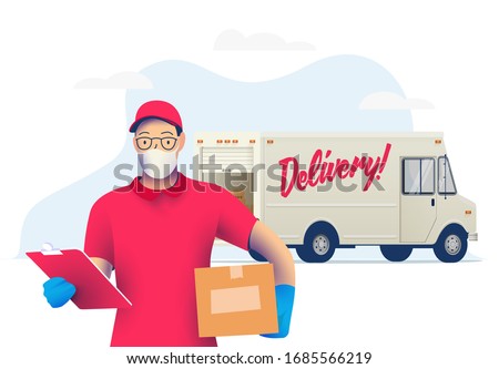 Delivery courier man with medical protective mask on his face holding package with delivery truck on background. Delivery during quarantine time. Vector illustration.