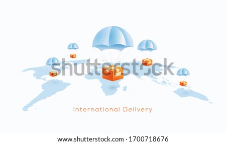 International delivery or world wide shipping concept with package boxes dropping on parachute to world globe map. Vector illustration