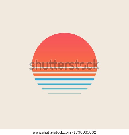 Retro sunset above the sea or ocean with sun and water silhouette. Vintage styled summer logo or icon design isolated on white background. Vector illustration.