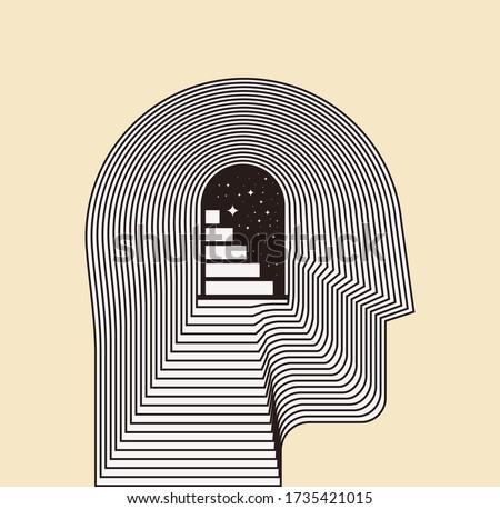 Mental health psychotherapy or inner world or meditation concept with side view human head silhouette with door and stairways inside. Conceptual vector illustration