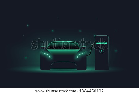 Electric car at charging station. Front view electric car silhouette with green glowing on dark background. EV concept. Vector illustration