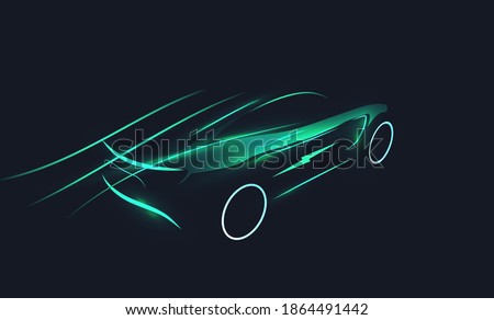 Futuristic electric car silhouette in motion on dark background. EV concept. Green eco transportation concept. Vector illustration