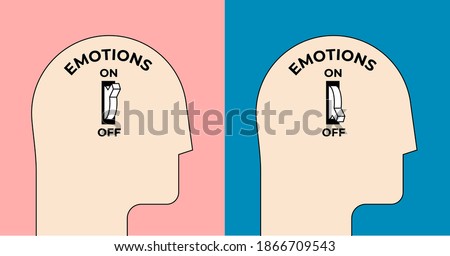 Emotions turn on and off. Emotional intelligence concept with human head silhouette with emotion on or off toggle switch inside. Minimalistic vector illustration.