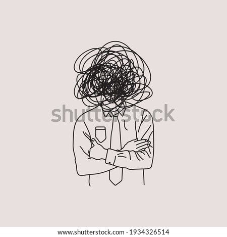 Professional or emotional or job burnout or mental health issues or panic attack concept with lined hand drawn sketch of men. Psychologic vector illustration for blog article of social network post.