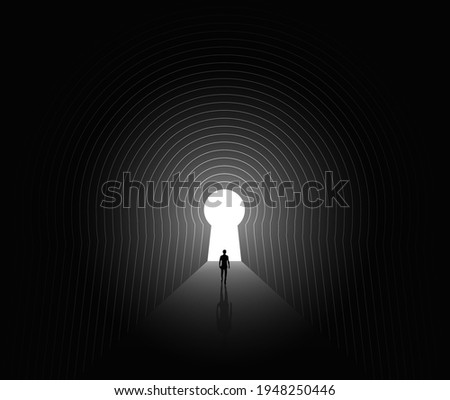 Escape or finding a way or destiny or solving life problems psychologic concept with human silhouette walking through the dark tunnel to the light at the end of the tunnel. Vector illustration