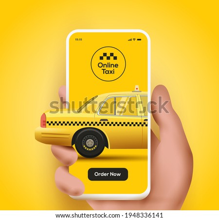 Taxi mobile application or ordering taxi online from smartphone concept illustration with trendy semi-realistic human hand holding smartphone with taxi car on the screen on yellow background. Vector