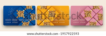 Gift card or gift certificate or voucher or discount card design template with set of three different color cards with top view gift boxes and golden bows. Realistic vector illustration.