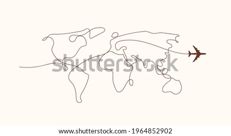 Travel by plane concept with top view airplane silhouette with single line path shaped world map behind it. Isolated on white background. Travel or vacation concept. Minimalistic vector illustration.