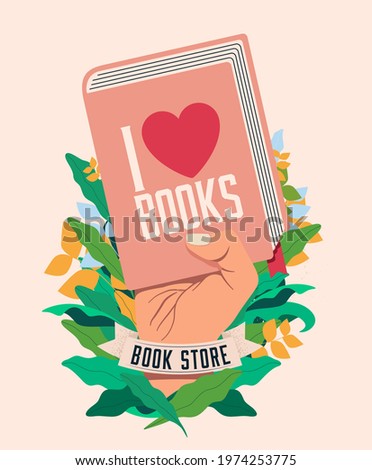 I love books. Book reading concept with raised hand holding book for poster or flyer or banner design for book store or fair or literature festival. Vector illustration