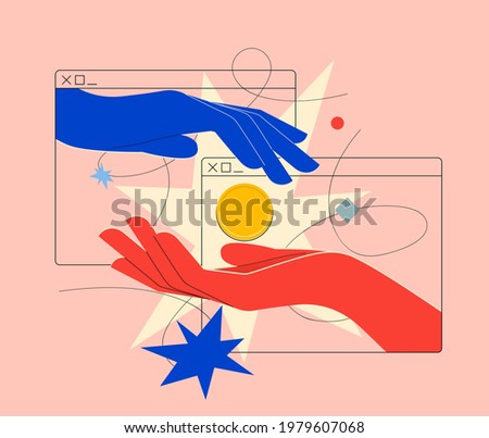 Online payment on online money or cryptocurrency transfer or currency exchange concept with two hands coming out of browser pass each other a golden coin. Minimalistic vector illustration