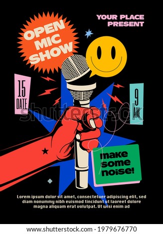 Open mic night comedy stand up show poster or flyer or banner design template with hand holding opened microphone and bright elements composition on black background. Vector illustration