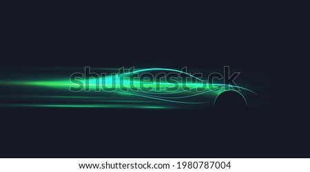 Green neon glowing in the dark electric car on high speed running concept. Fast ev silhouette. Vector illustration
