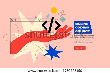 Online programing or coding or mobile app or website development course banner design concept with hand coming out of browser silhouette and holding code in trendy bright colors. Vector illustration
