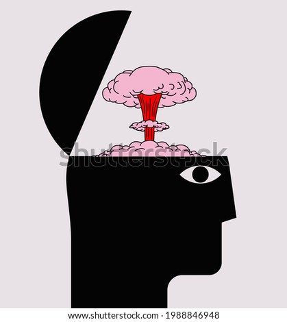 Mind blowing concept with human head silhouette with opened braincase and nuclear explosion silhouette isolated on white background. Vector illustration