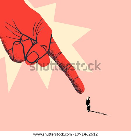 Boss and employee or angry boss concept with giant red boss hand points a finger at the clerk. Employee job reduction or dismissal concept. Vector illustration
