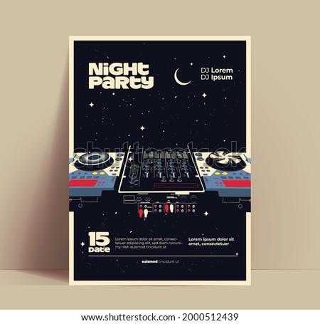 Night music party flyer or poster or banner design template for night club with DJ Mixer on starry night background. Vintage styled vector illustration