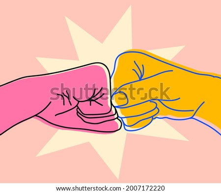 Illustration of two bumping fist finger. Team work, partnership, friendship, friends, spirit hands gesture sketch concept. Isolated on pink background. Vector illustration