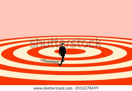 Business success or business strategy concept with businessman silhouette walks the target straight to the center of the target. Conceptual minimalist vector illustration