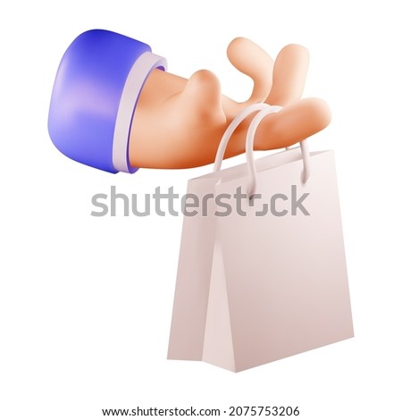 Delivery icon concept with 3d rendered cartoon hand holding delivery or shopping bag isolated on white background. Vector illustration