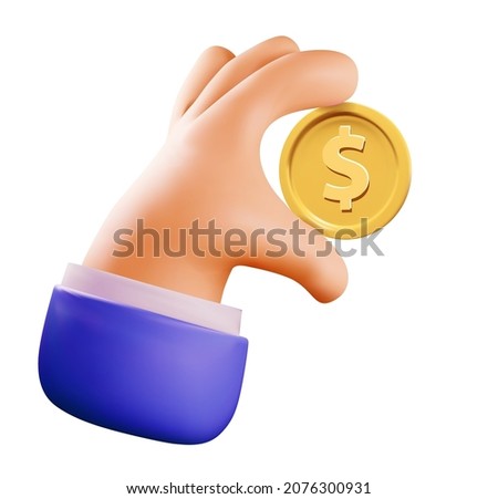 Money or business or salary concept illustration with cartoon 3d rendered hand holding golden coin with dollar sign isolated on white background. Vector illustration