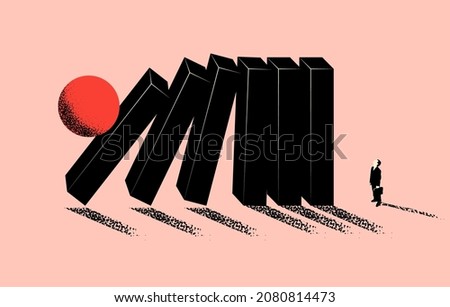 Conceptual business illustration of upcoming business problem metaphor with falling domino and businessman silhouette. Minimalistic vector illustration