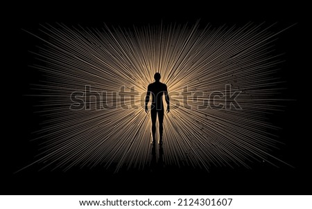 Human being or individuality or personality psychologic concept with abstract human body silhouette surrounded golden rays on black background. Vector illustration
