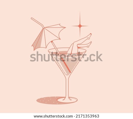 Summer vacation concept retro illustration with summer cocktail glass with umbrella and woman legs isolated on pink background. Vector illustration