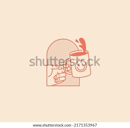 Cup of coffee logo or badge or sticker design template for coffee shop with hand coming out from arch doorway holding a cup of coffee isolated on light background. Vector illustration